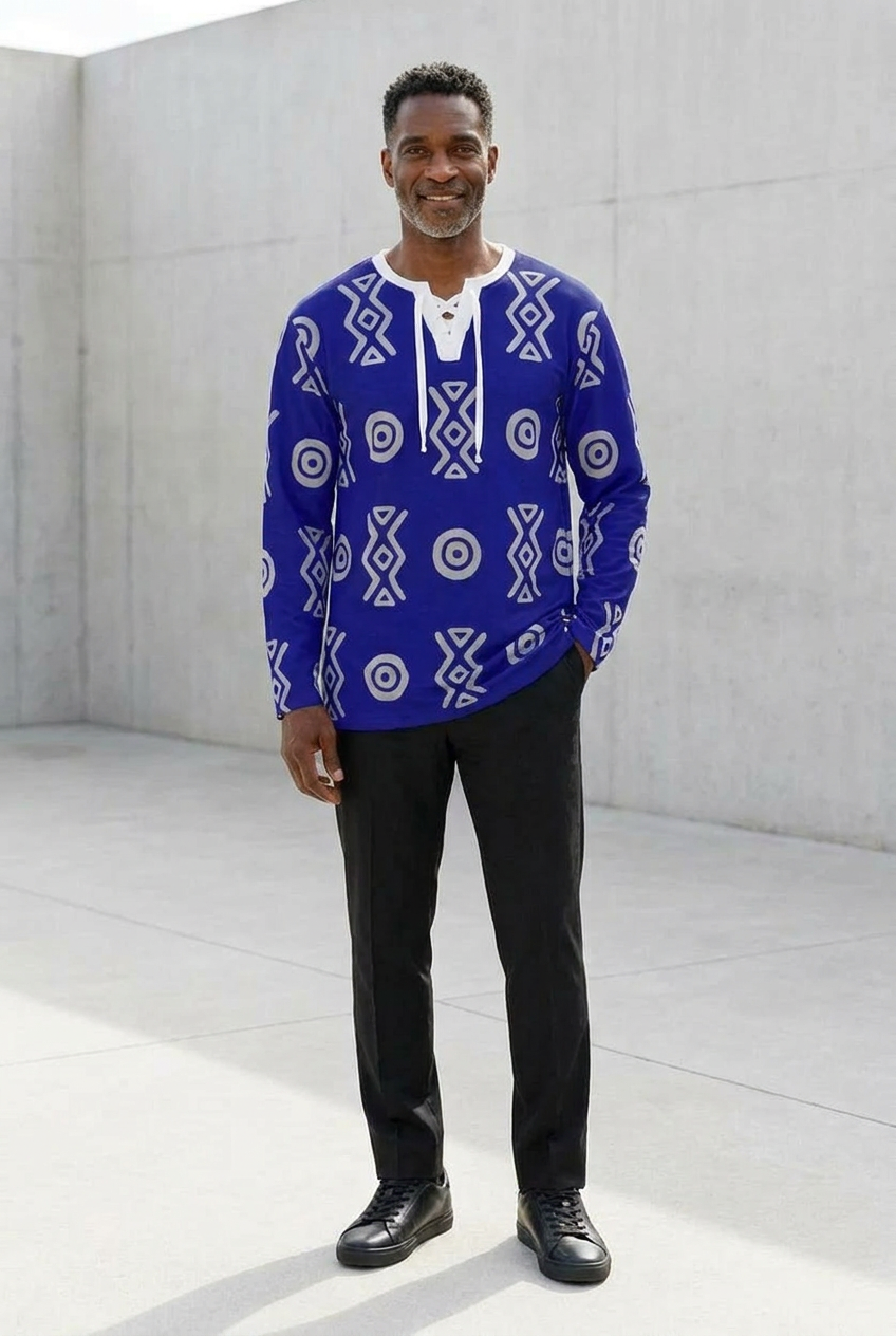 African Linen Shirt | Adinkra-Inspired Geometric Long Sleeve | Savanna Collection | Kinky Nomad