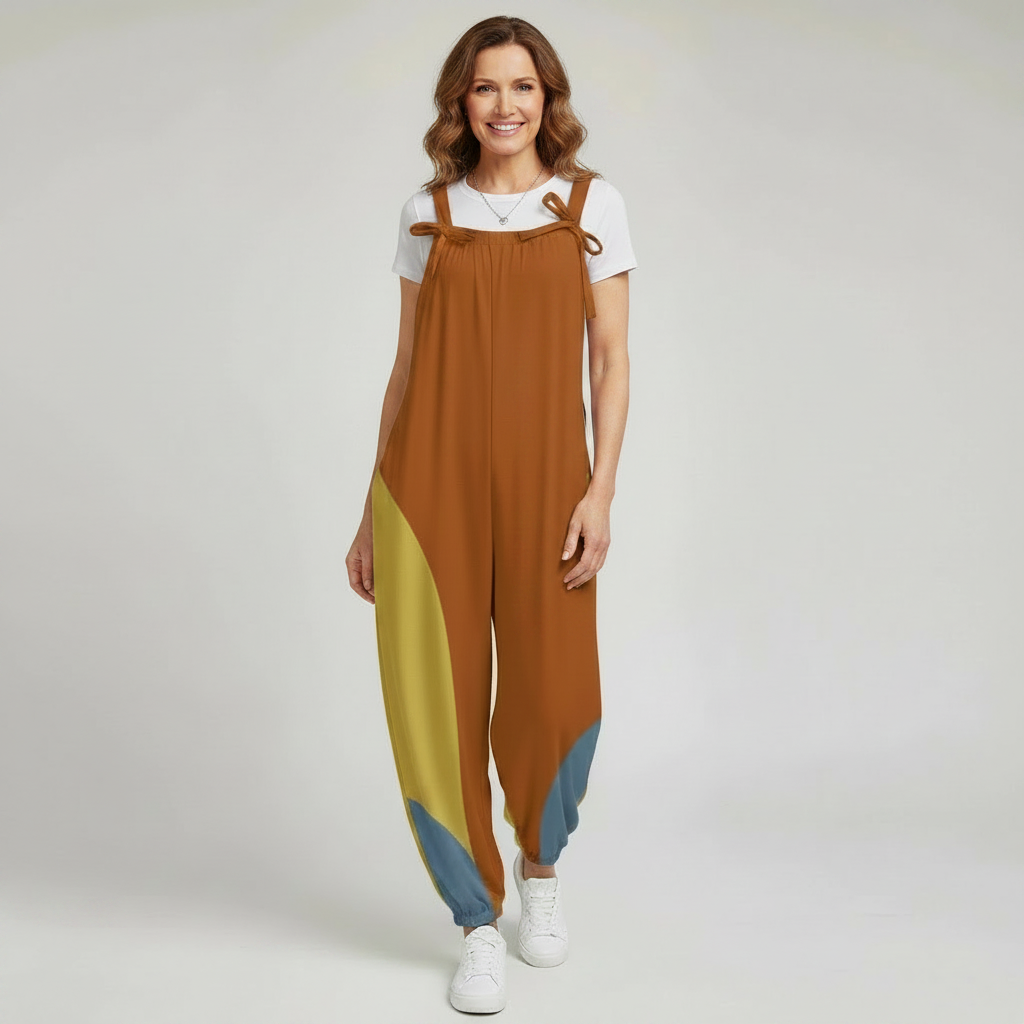 Mod Color Block Baggy Jumpsuit for Women | Retro Inspired Bow Strap Romper | Loose Fit Harem Jumpsuit with Pockets | Boho Casual Overalls