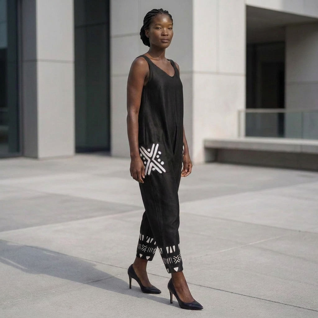 Bogolan Print V-Neck Jumpsuit | Afro Boho | Mud Cloth | Kinky Nomad