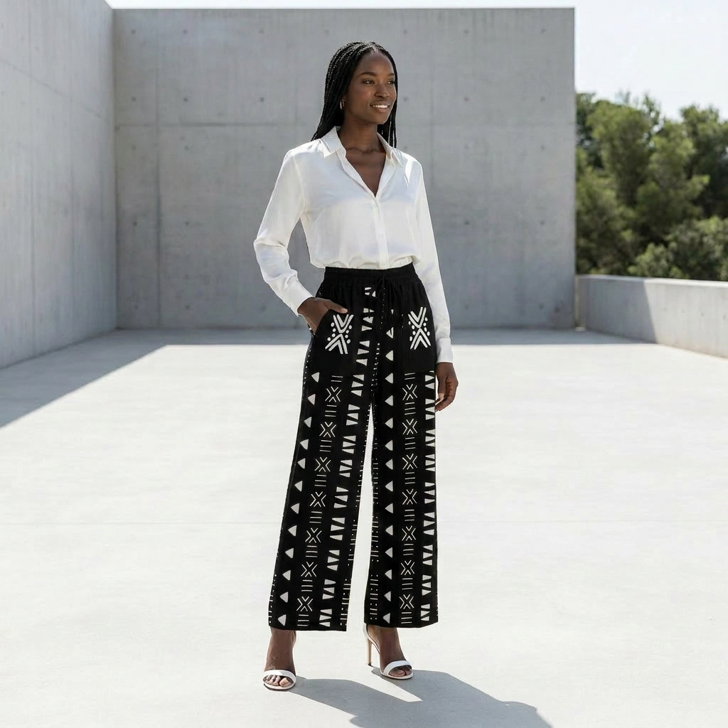 Printed Wide Leg Pants | Angles Bogolan Ghana Ground | Kinky Nomad