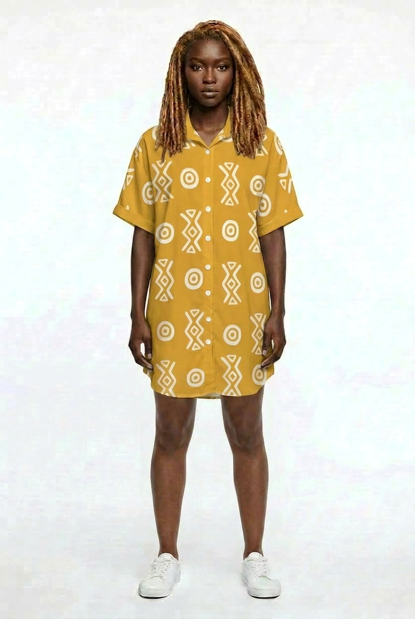 Button Front Shirt Dress | Angles Savanna Indigo Gold | Kinky Nomad