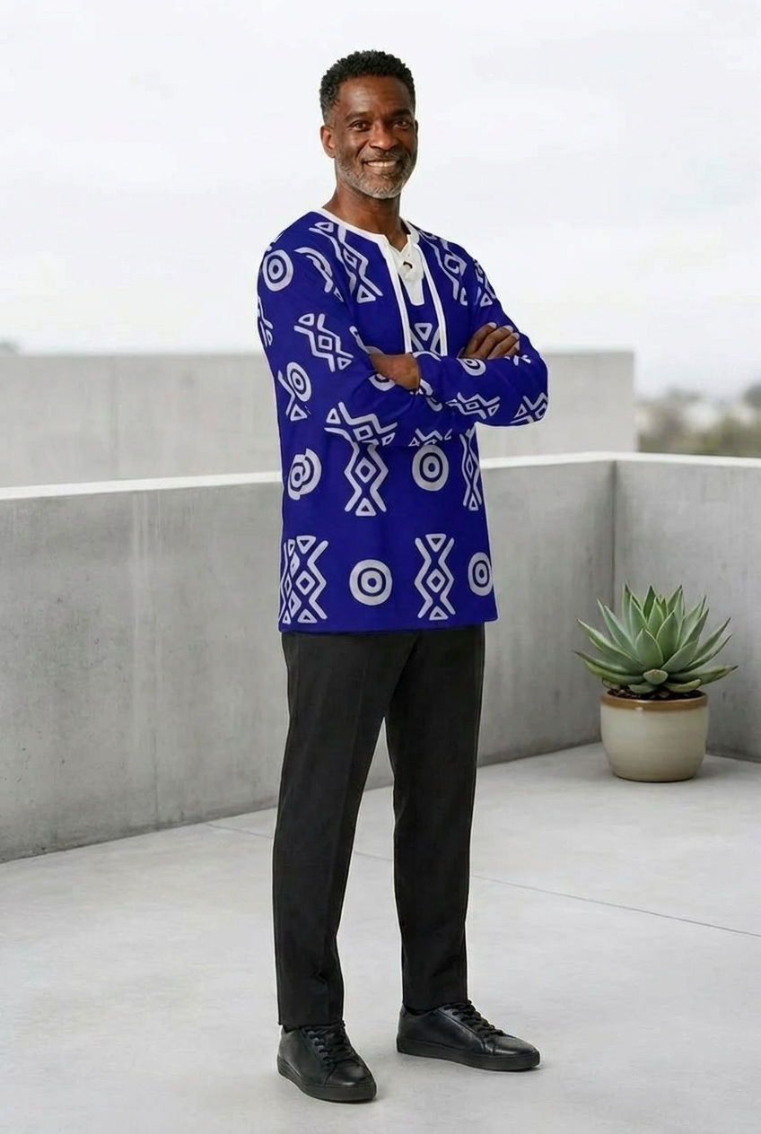 African Linen Shirt | Adinkra-Inspired Geometric Long Sleeve | Savanna Collection | Kinky Nomad
