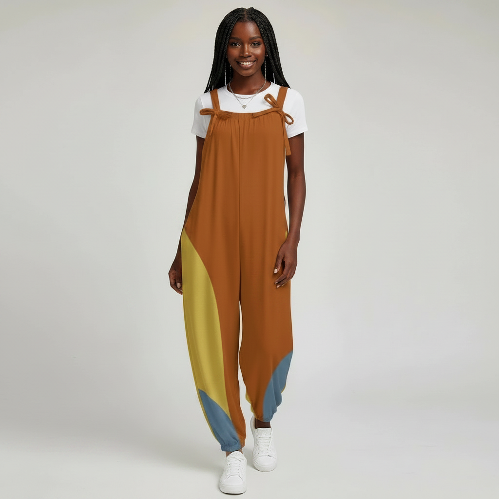 Mod Color Block Baggy Jumpsuit for Women | Retro Inspired Bow Strap Romper | Loose Fit Harem Jumpsuit with Pockets | Boho Casual Overalls