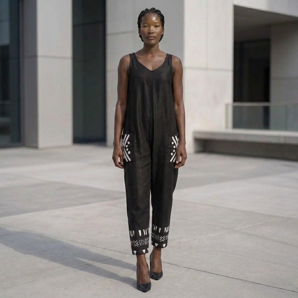 Bogolan Print V-Neck Jumpsuit | Afro Boho | Mud Cloth | Kinky Nomad
