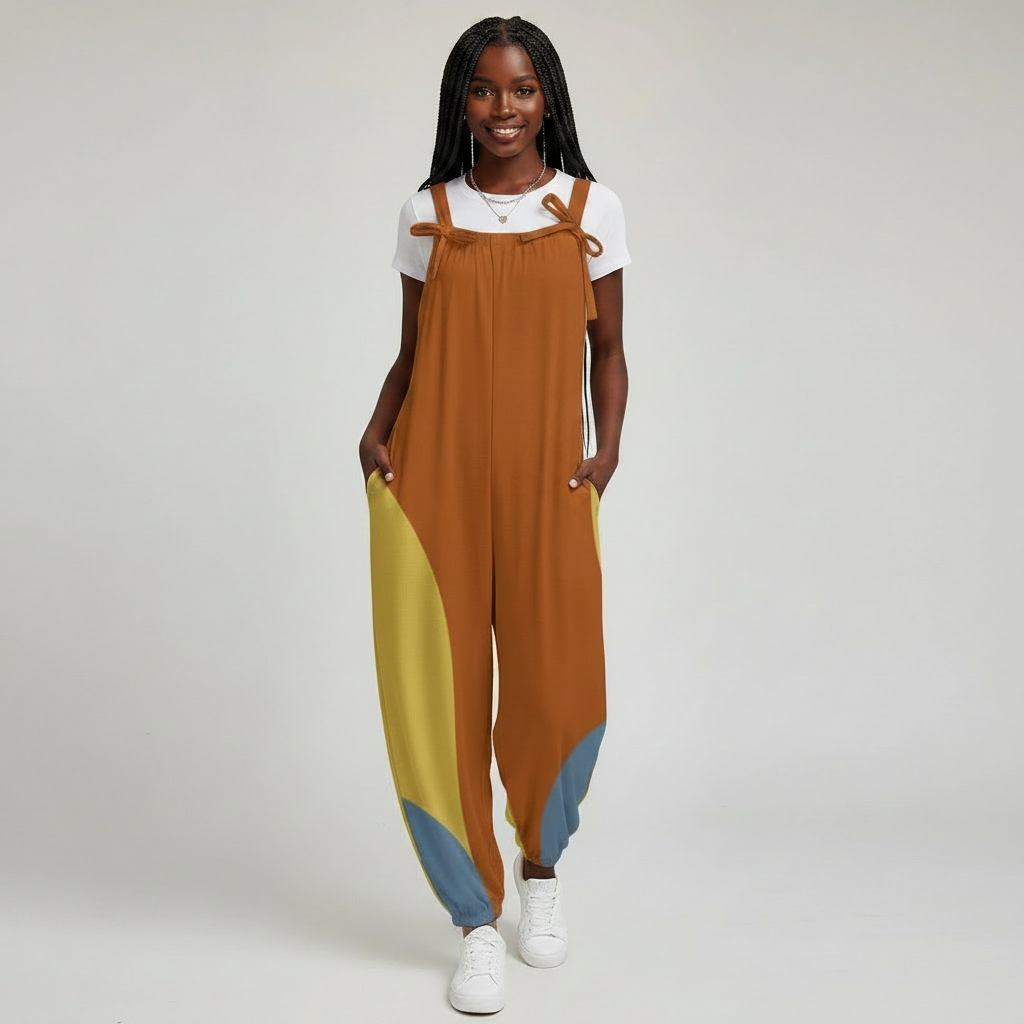 Mod Color Block Baggy Jumpsuit for Women | Retro Inspired Bow Strap Romper | Loose Fit Harem Jumpsuit with Pockets | Boho Casual Overalls