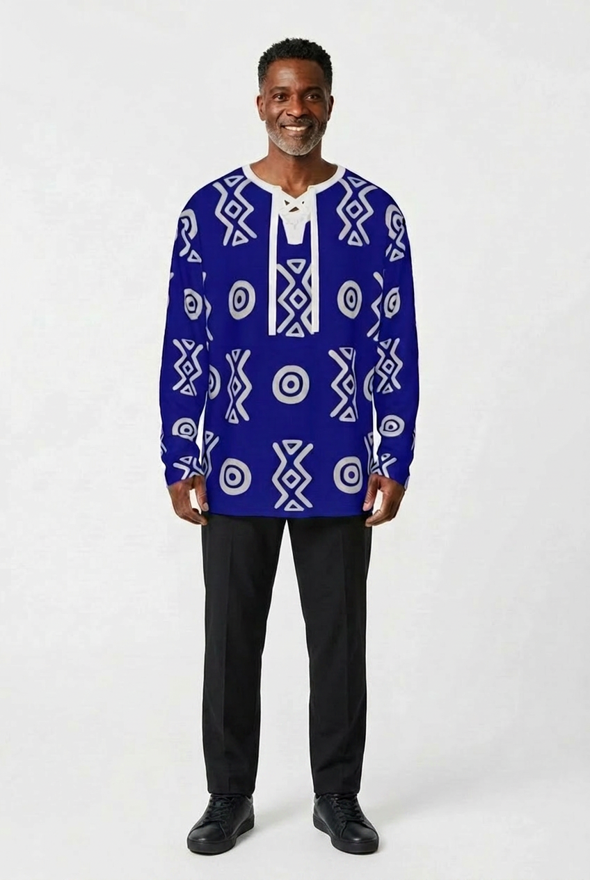 African Linen Shirt | Adinkra-Inspired Geometric Long Sleeve | Savanna Collection | Kinky Nomad