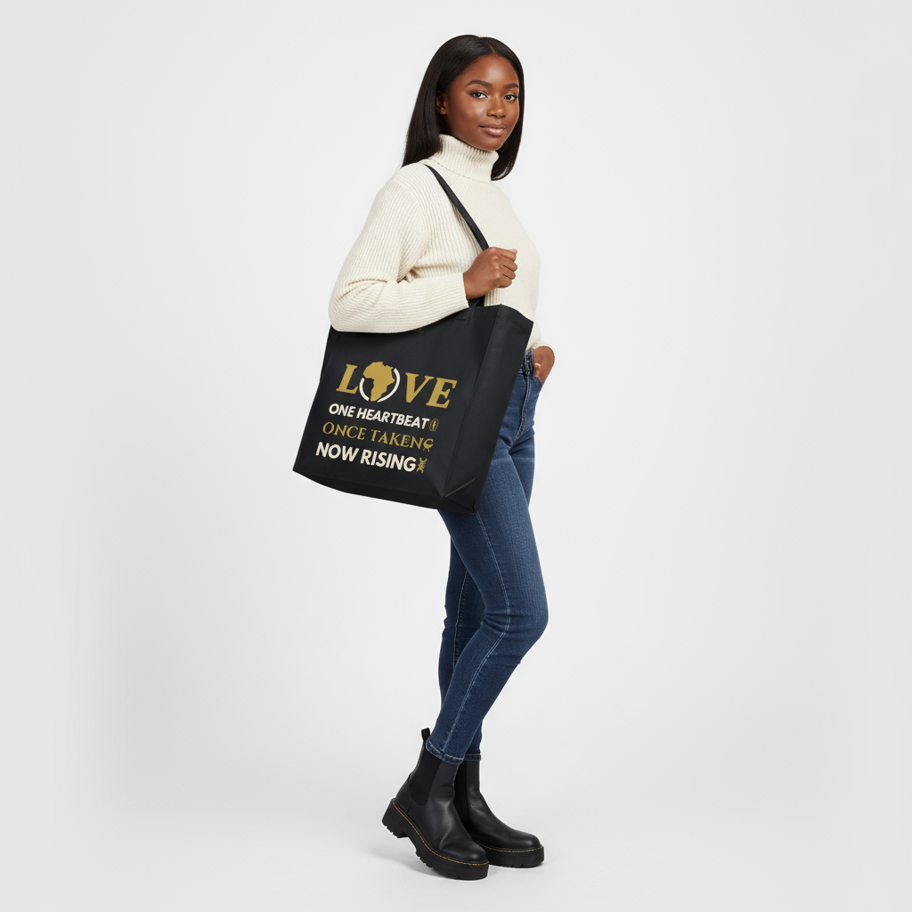 LOVE – One Heartbeat Tote Bag (Black) | Large Cotton Canvas, Eco-Friendly, Adinkra-Inspir