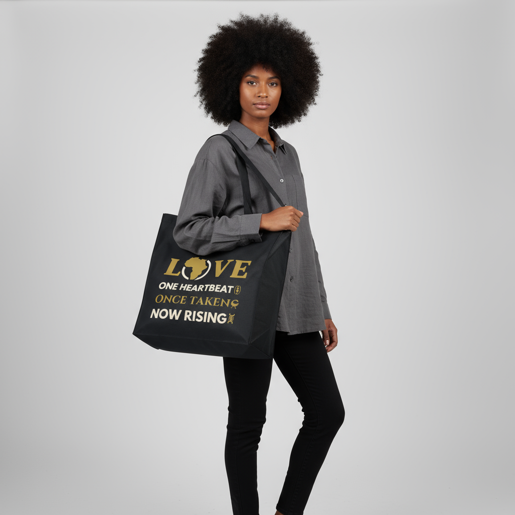LOVE – One Heartbeat Tote Bag (Black) | Large Cotton Canvas, Eco-Friendly, Adinkra-Inspir