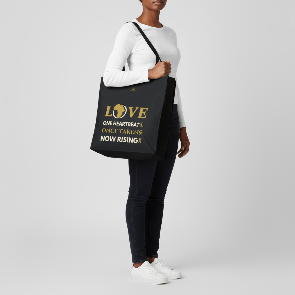LOVE – One Heartbeat Tote Bag (Black) | Large Cotton Canvas, Eco-Friendly, Adinkra-Inspir
