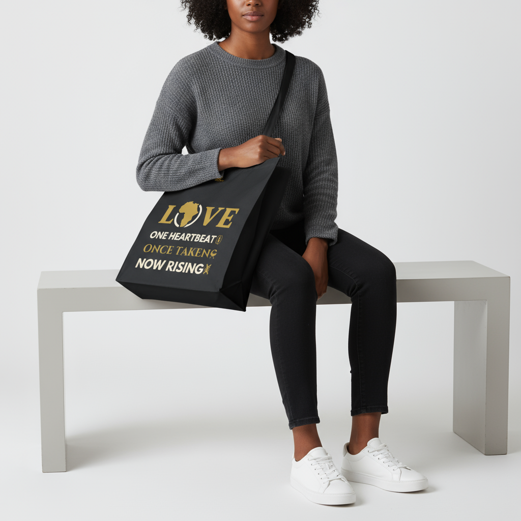 LOVE – One Heartbeat Tote Bag (Black) | Large Cotton Canvas, Eco-Friendly, Adinkra-Inspir