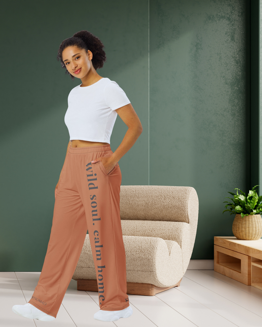 Wild Soul. Calm Home. Wide-Leg Pants — Relaxed Fit Loungewear by Kinky Nomad (Unisex)